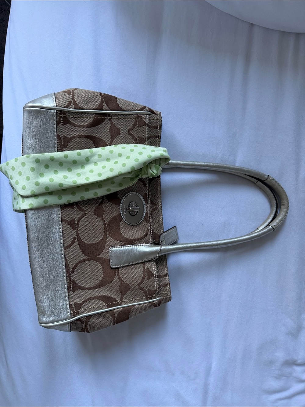 Coach Brown Signature Canvas Shoulder Bag with Silver Trim